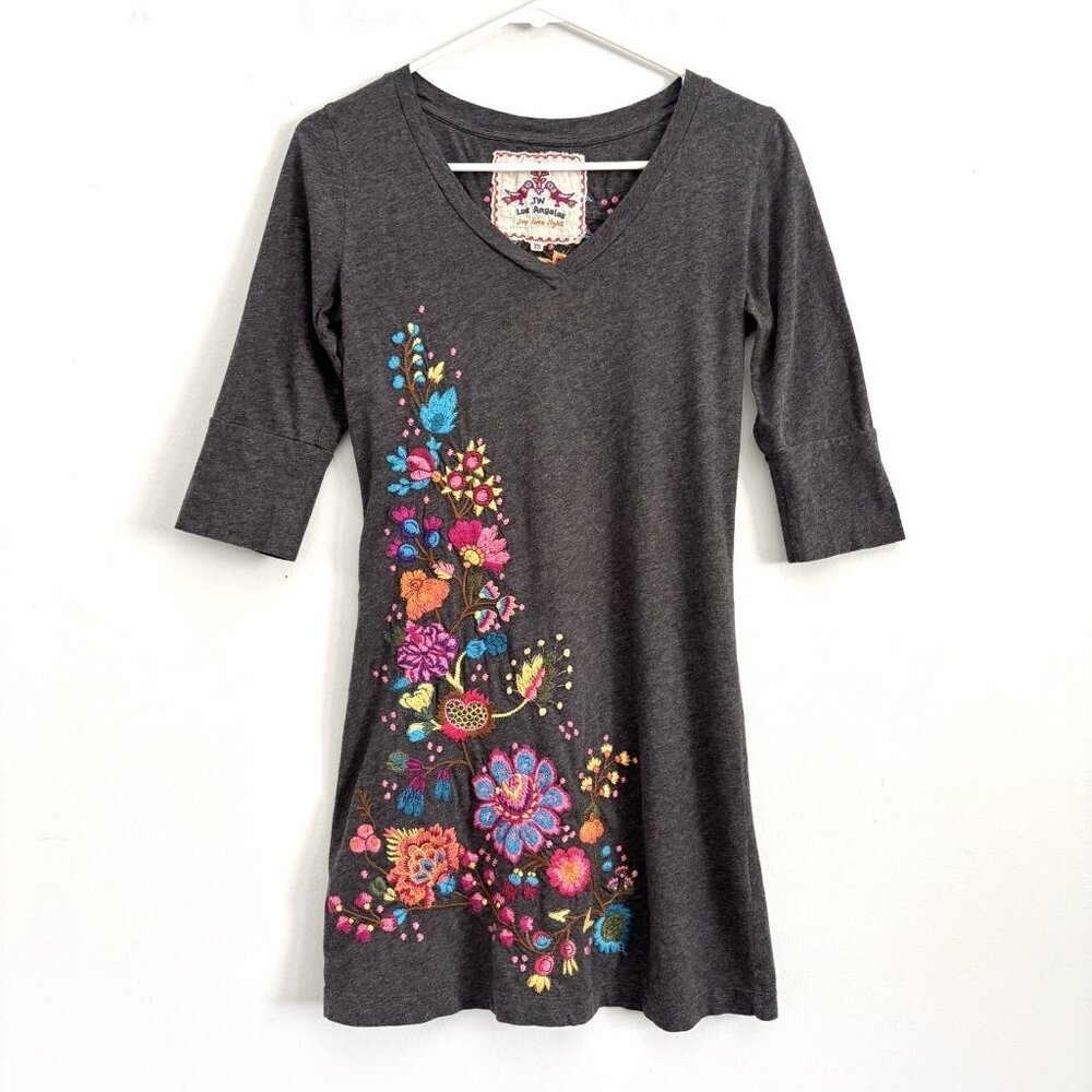 Johnny Was JW Los Angeles Gray Floral Embroidered 3/4 Sleeve Dress Women’s XS